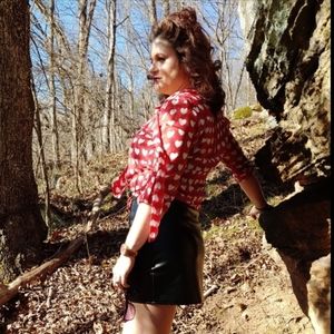 XTAREN Red 💕 Heart Print Sheer Blouse